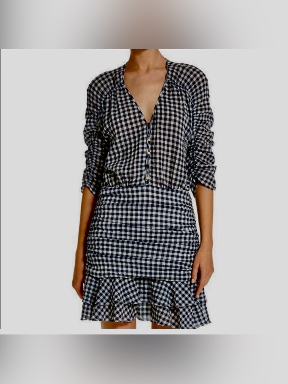 Veronica Beard Campbell Gingham Ruched Pleated Mini Dress Size 2 Navy Blue White